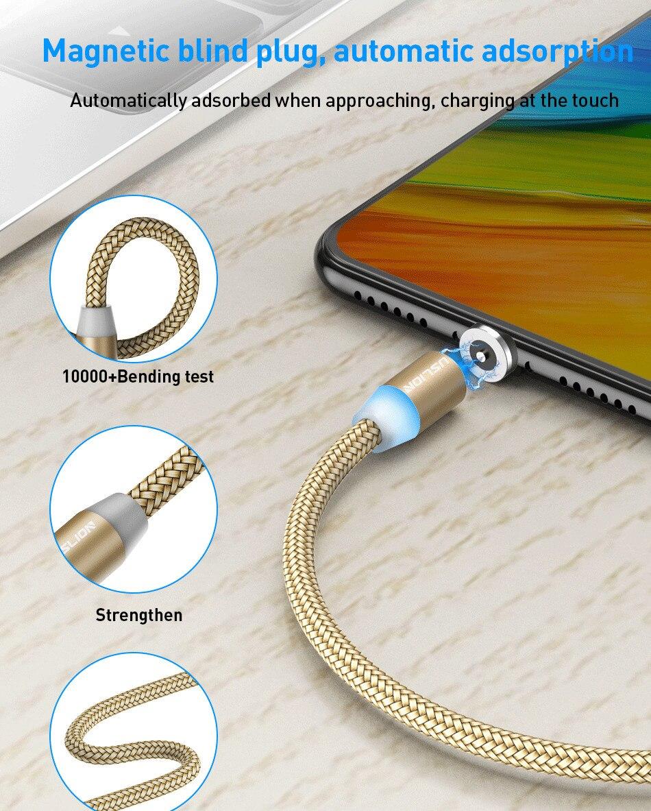 USLION 3M LED Magnetic Cable & Micro USB Cable & USB Type C Cable Nylon Braided Type-C Magnet Charger For Iphone 7 X Samsung S10