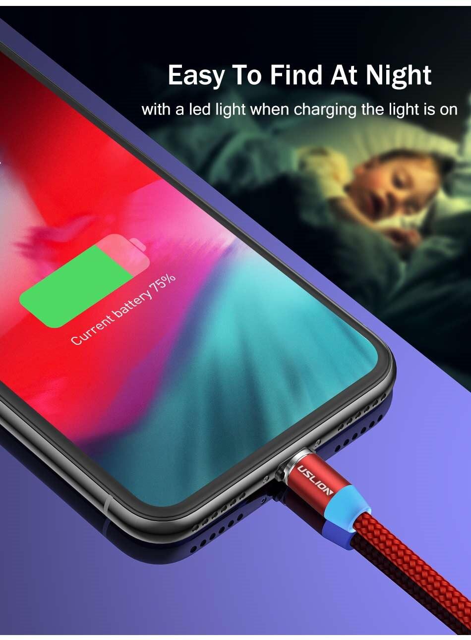 USLION 1M 3A Fast Charging Magnetic USB Micro Cable Type C Cable LED Phone Wire Type-C Magnet Charger For Iphone XS 7 XR Samsung