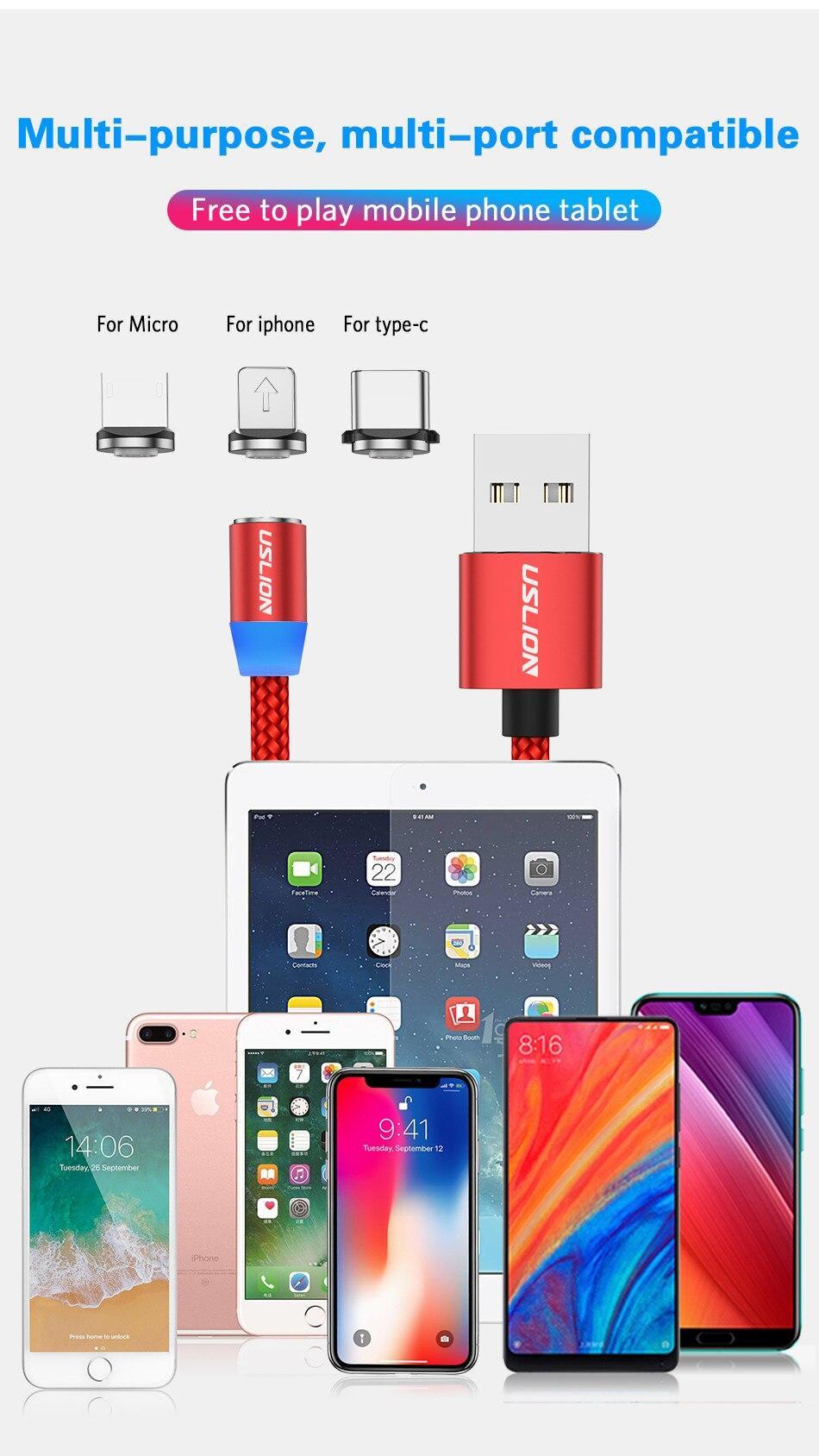 USLION 1M 3A Fast Charging Magnetic USB Micro Cable Type C Cable LED Phone Wire Type-C Magnet Charger For Iphone XS 7 XR Samsung