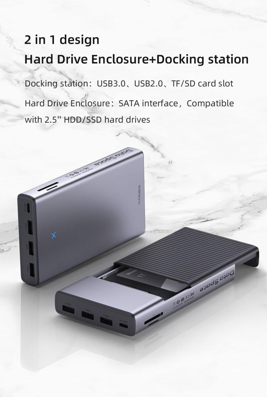 USB C HUB with Hard Drive Enclosure, 2.5 SATA to USB 3.0, Type C, Adapter for External SSD Disk, HDD case